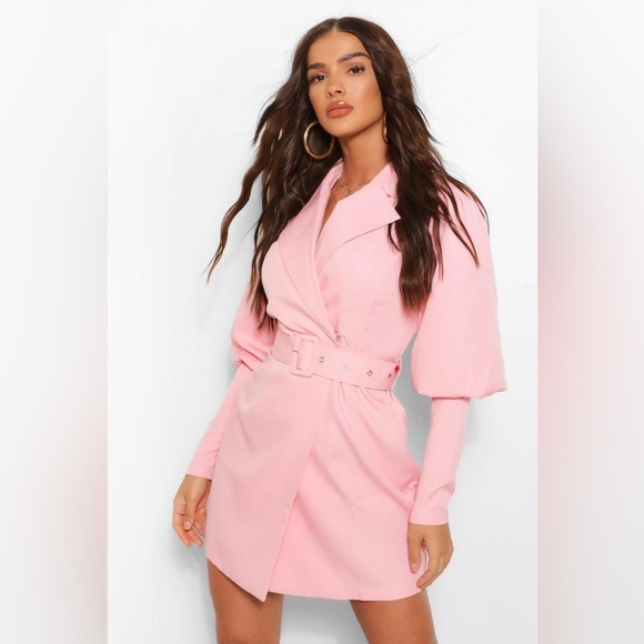 BOOHOO BELT DETAIL WRAP FRONT BLAZER DRESS PINK - Picture 1 of 3